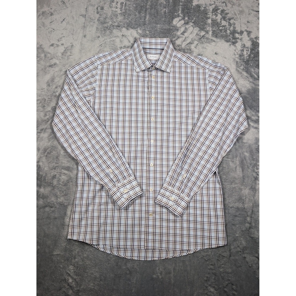 Eton Shirt Mens 16.5 42 Blue Brown Plaid Slim Fit Dress Long Sleeve Cotton